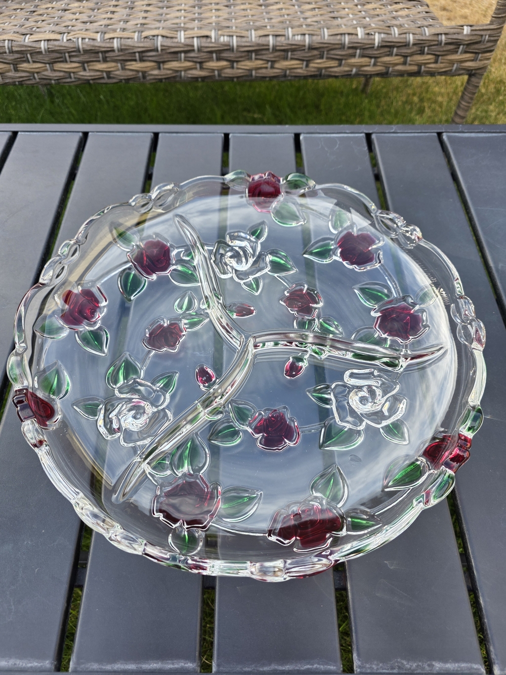 Mikasa Clear Glass Divided Tray with Red Rose and Green Leaf Accents